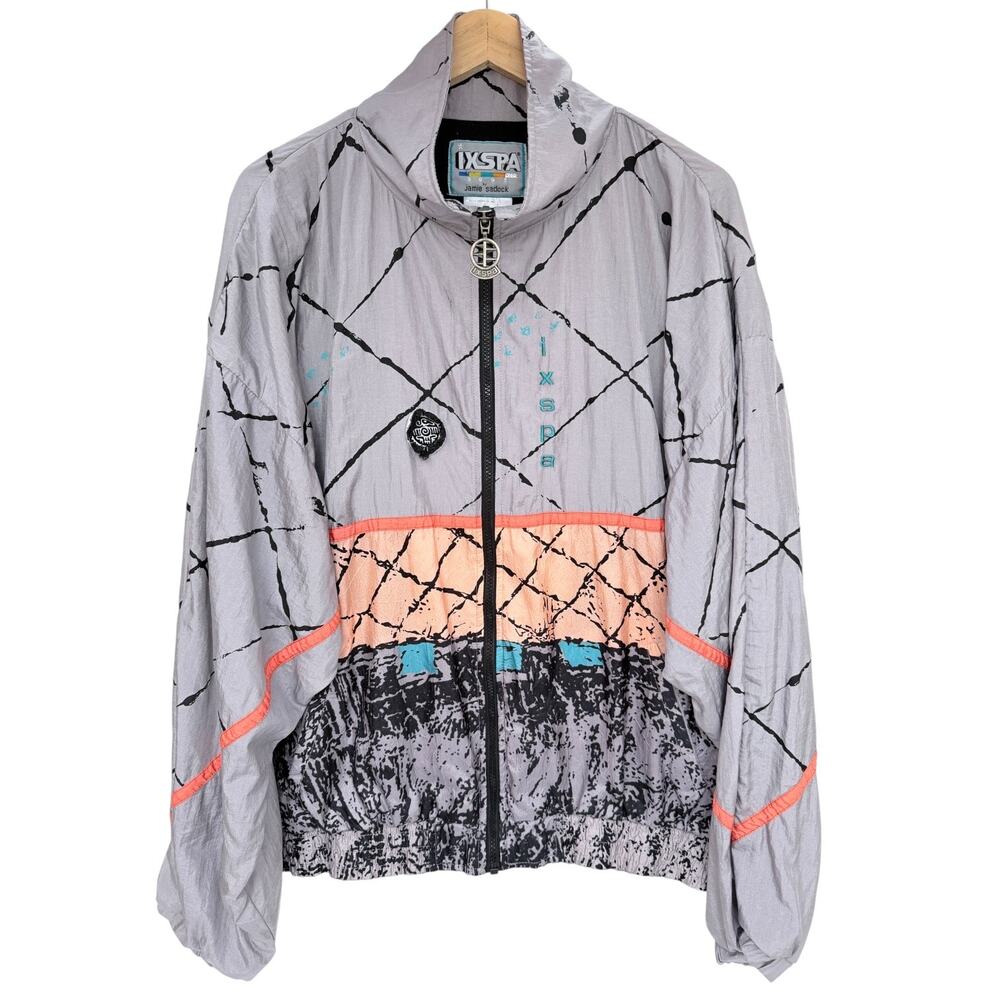 Ixspa Vintage Windbreaker Jacket Mens Large Gray Abstract Full Zip Retro 90s